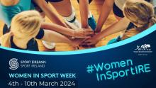 Poster for Women in Sport Week with 5 women joining hands together and words on the week.